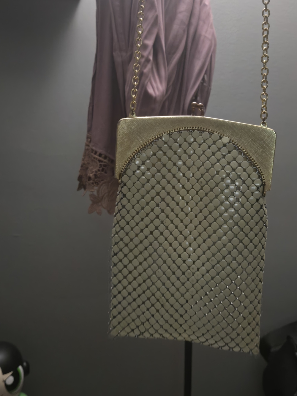 Vintage Whiting & Davis Cream Mesh Purse with Gold Frame and Chain